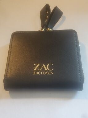 ZAC Zac Posen Black Leather Wallet with Gold Logo.faux Pearls On Zipper Pulls